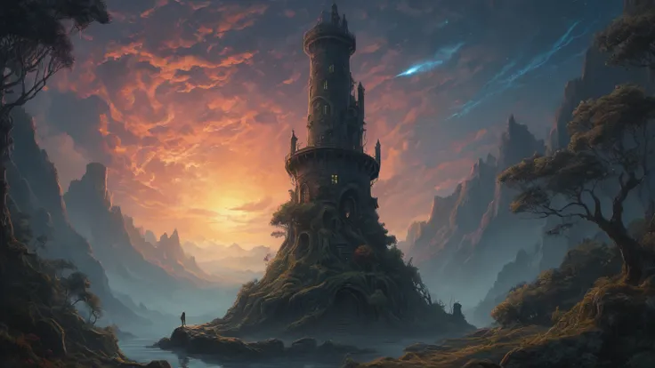 Night. There is a bright comet in the sky ,  A tall old stone abandoned round tower that can move to the sky. At the bottom of the tower are huge, winding, thick roots, like many legs, tentacles. (A tall cedar grows on top of the tower),  The background is...