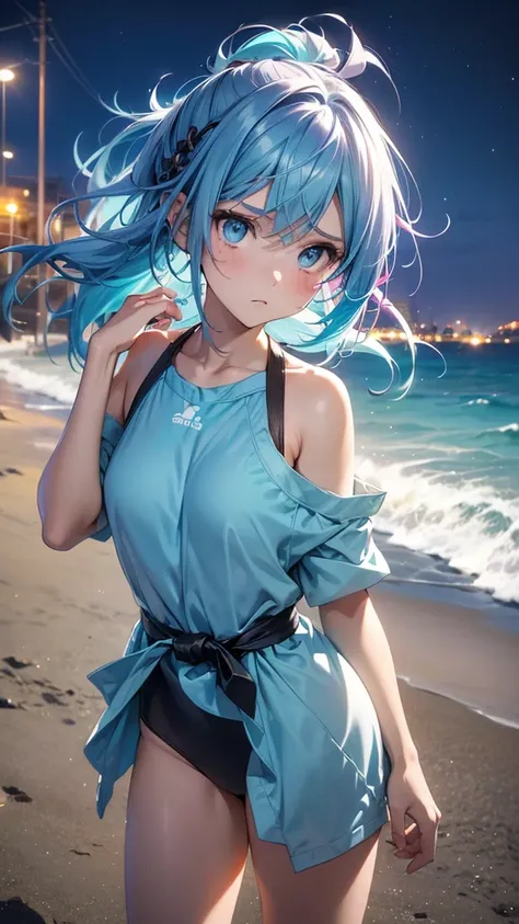 portrait, 1 girl, beautiful face, asymmetrical hair, multi-colored short blue and purple hair, She’s wearing a breezy, light-colored teal swimsuit, grey eyes, hip vent, cute, neon night beach, neon,         standing with her hair being blown by the wind, l...