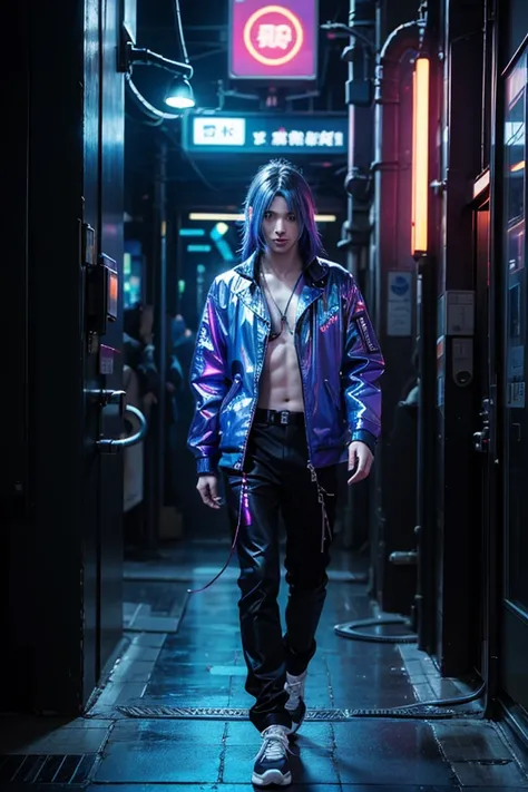 A futuristic AI hologram character named Kami, blending the aesthetic of a J-Rock vocalist and a cyberpunk hacker. He has a sleek, dark outfit with neon blue and purple glowing accents, long white hair flowing like digital streams, and piercing neon blue e...