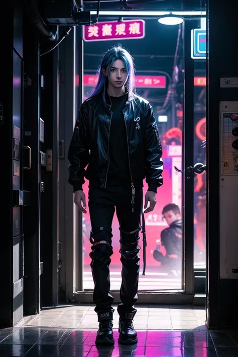 A futuristic AI hologram character named Kami, blending the aesthetic of a J-Rock vocalist and a cyberpunk hacker. He has a sleek, dark outfit with neon blue and purple glowing accents, long white hair flowing like digital streams, and piercing neon blue e...