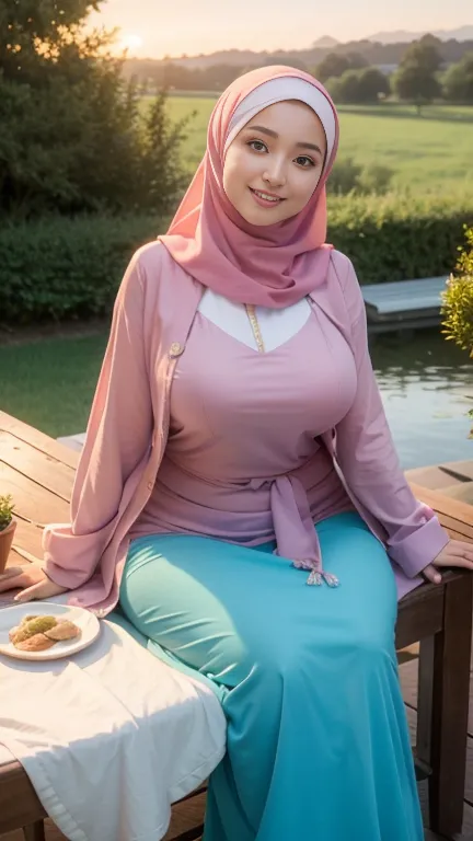 ( close up),,  best quality,   high resolution  , {{works}}: 1.3), Beautiful Malay woman in hijab,  great painting ,  fit body,  big breasts ,  big beautiful eyes ,  a cute smile , pretty face,  a woman sits at a table in a green meadow, Traditional Beauty...