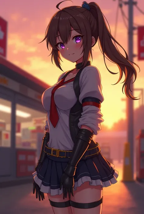 "4K anime style quality, digital drawing mode, a petite and mischievous girl with long brown hair tied into a ponytail, purple eyes, and a sly smirk, wearing her armor outfit, standing near a convenience store at sunset, full body, playful stance exuding m...