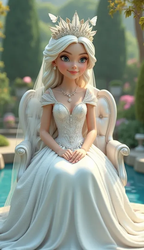 Creat a 3d Realistic Image Where Princess Is Sitting A causauly On Princess Chair and Wearing a White Wedding Dress Who Is Fully Coverd His Body And Wearing A Headping Who Is made With Followers And Butterfly Around The Headping In Background The Waterfal ...