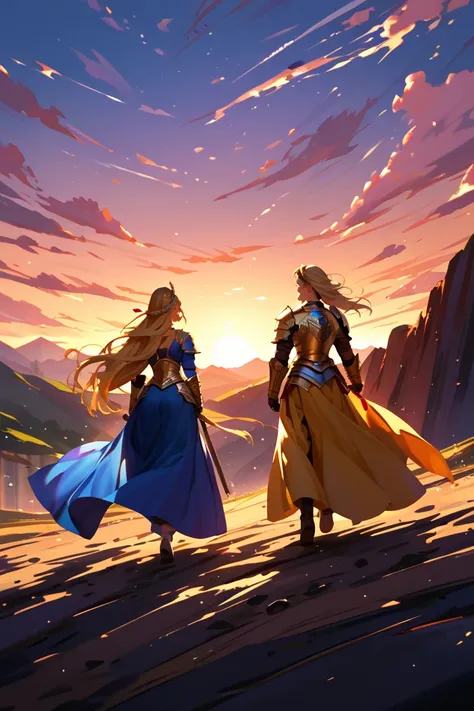 The earth is just dust dancing in the wilderness,Sunset sky ,, of a blond long-haired female swordsman wearing golden armor and a black long-haired female swordsman wearing blue armor(The two)Back view walking side by side ,, Long Shots,, top quality,