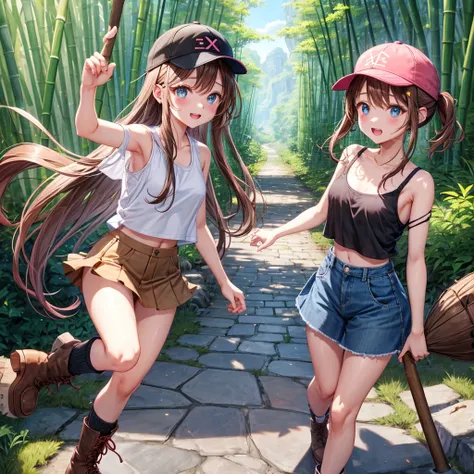  pink brown brown hair、  blue eyes、  Has hair tied  、Two cute people、  check mini skirt、  black t-shirt、 Light clothing、  tank top、  camisole、 high socks、 Boots、 teeth inside、The stone is cracked、  The Road Is Crooked 、Mountain々、Stick together  、 bamboo fo...