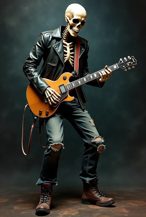 Skeleton portrait dressed in rock style playing guitar