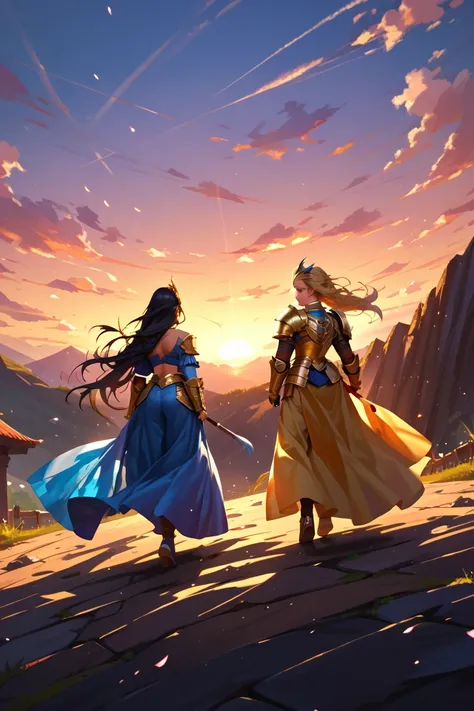 The earth is just dust dancing in the wilderness,Sunset sky ,, of a blond long-haired female swordsman wearing golden armor and a black long-haired female swordsman wearing blue armor(The two)Back view walking side by side ,, Long Shots,, top quality,