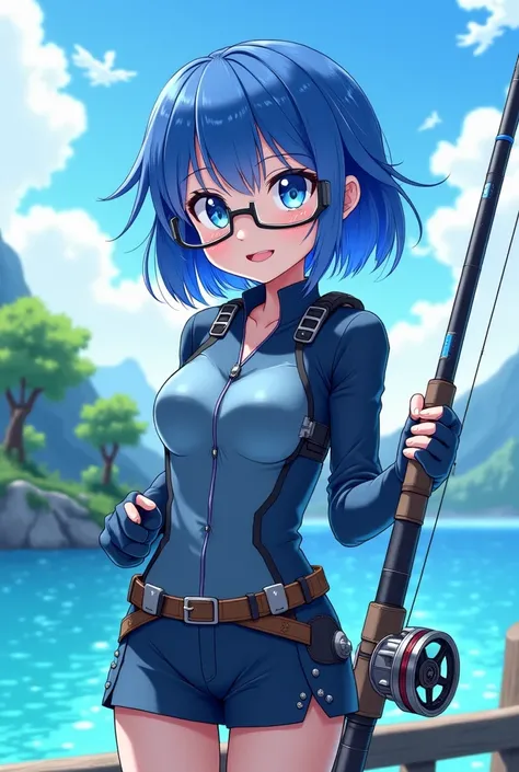 "4K anime style quality, digital drawing mode, a sporty and cheerful girl with shoulder length blue hair, vibrant blue eyes, with square glasses, and a toned figure, wearing an armor outfit, standing by a sparkling lake, full body, energetic stance exuding...