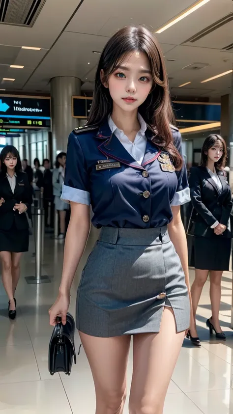 A beautiful, 24-year-old Japanese woman with perfect anatomy, healthy thighs, beautiful legs, beautiful skin, random hair color and style, large breasts, (wearing a flight attendant uniform with a mini-skirt:1.3), (she is standing:1.2), full body shot, pum...