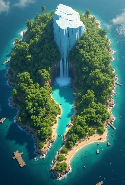 An image of an island, taken from above like a map, showing an island with an iceberg in the middle. Beside it are rain forest-covered hills, and clusters of large trees within the forest. A waterfall flows from the hills, cascading down through lush tropi...