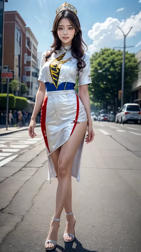 A beautiful Japanese woman, 20 years old, perfect anatomy, healthy thighs, beautiful legs, beautiful skin, random hair color, random hairstyle, large breasts, race queen, (race queen costume:1.3), zent, (she is standing:1.2), full body shot, high heels, ra...