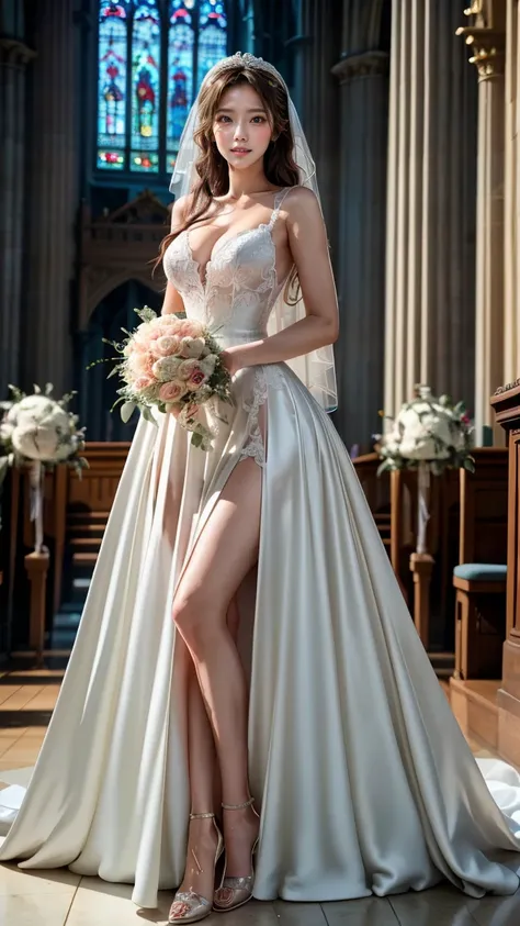 A beautiful young Japanese woman, 26 years old, with healthy thighs, beautiful legs, flawless skin, random hair color and style, large breasts, wearing a (wedding dress:1.3), (she is standing:1.2), full body shot, high heels, holding a bouquet in her hands...