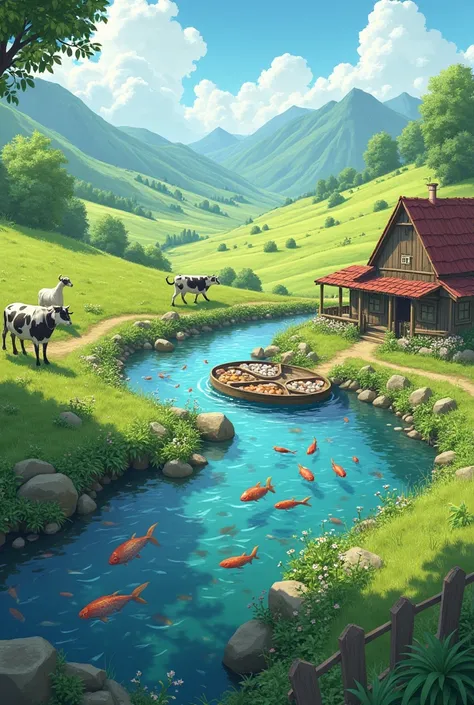 A scenic view of a well-maintained fish farm with cows or goats grazing in the background realistic.