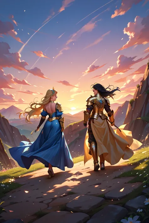 The earth is just dust dancing in the wilderness,Sunset sky ,, of a blond long-haired female swordsman wearing golden armor and a black long-haired female swordsman wearing blue armor(The two)Back view walking side by side ,, Long Shots,, top quality,