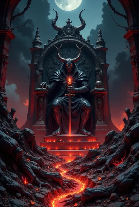 {{A ((hauntingly detailed)) depiction of {the Kingdom of the Underworld, where the infernal king sits upon a massive throne of bones and obsidian}} with {towering blackened spires, rivers of molten lava, and countless tortured souls writhing in the shadows...