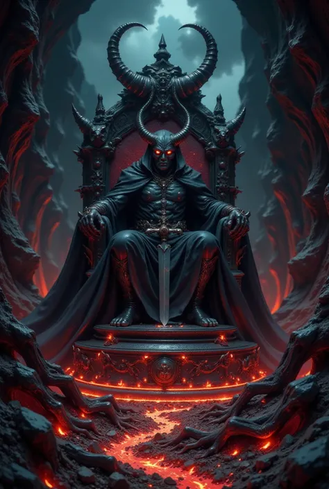 {{A ((hauntingly detailed)) depiction of {the Kingdom of the Underworld, where the infernal king sits upon a massive throne of bones and obsidian}} with {towering blackened spires, rivers of molten lava, and countless tortured souls writhing in the shadows...