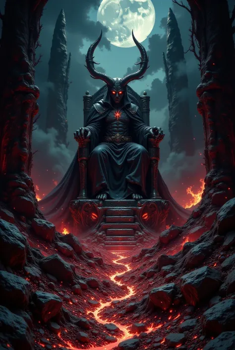 {{A ((hauntingly detailed)) depiction of {the Kingdom of the Underworld, where the infernal king sits upon a massive throne of bones and obsidian}} with {towering blackened spires, rivers of molten lava, and countless tortured souls writhing in the shadows...