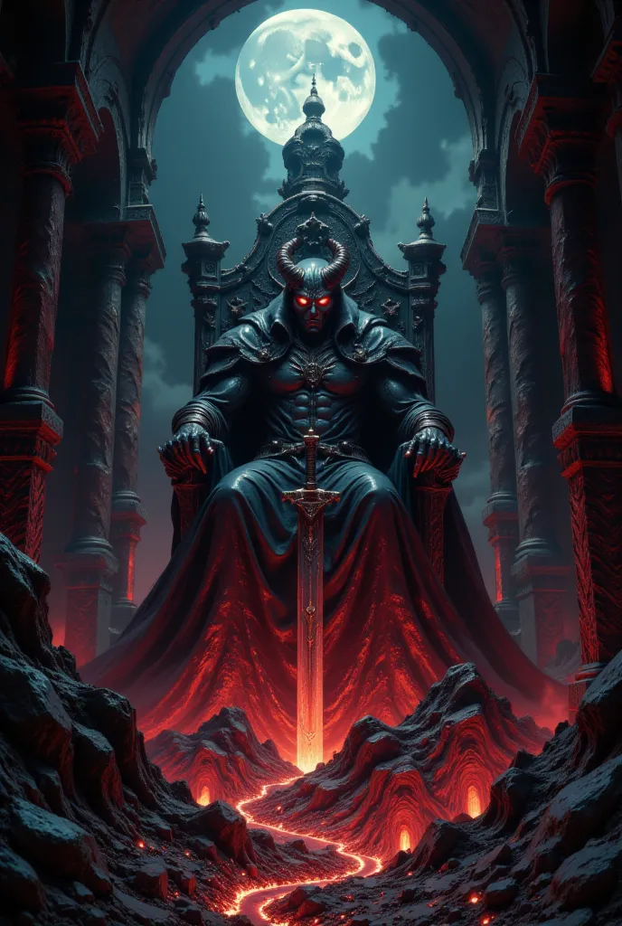 {{A ((hauntingly detailed)) depiction of {the Kingdom of the Underworld, where the infernal king sits upon a massive throne of bones and obsidian}} with {towering blackened spires, rivers of molten lava, and countless tortured souls writhing in the shadows...