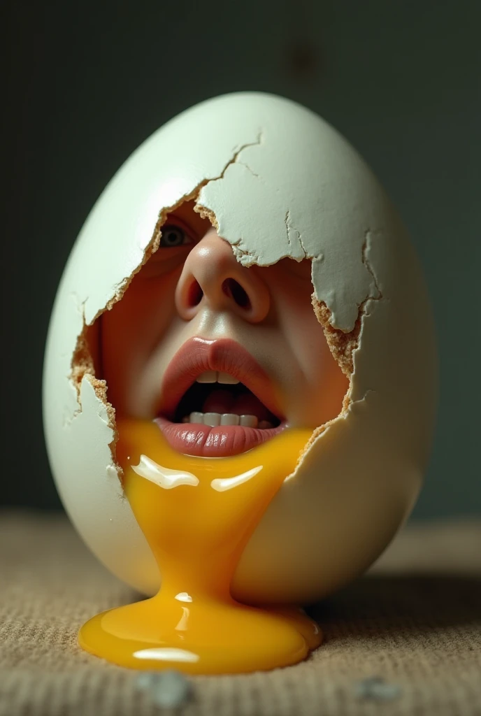 "A surreal image of a large cracked egg with a human face emerging from inside. The egg is broken open, revealing realistic human lips and part of a nose, with golden egg yolk dripping down. The scene has a hyper-realistic texture, detailed lighting, and a...