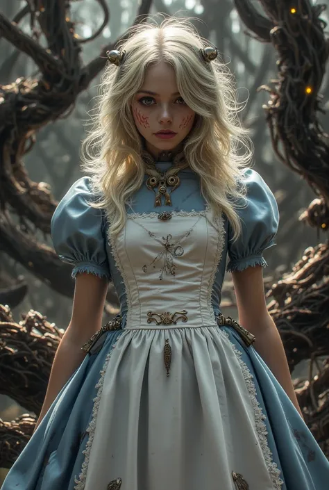 Alice in wonderland. Grange and grotesque style. Detailed and realistic, full body close-up