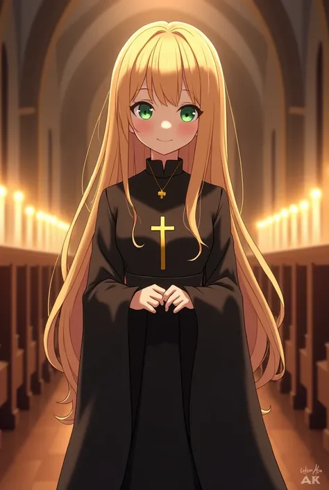 "4K anime style quality, digital drawing mode, a sweet and innocent girl with long golden blonde hair, green eyes, wearing her black church outfit with a gold cross necklace, standing in a serene chapel surrounded by candles, full body, gentle pose exuding...