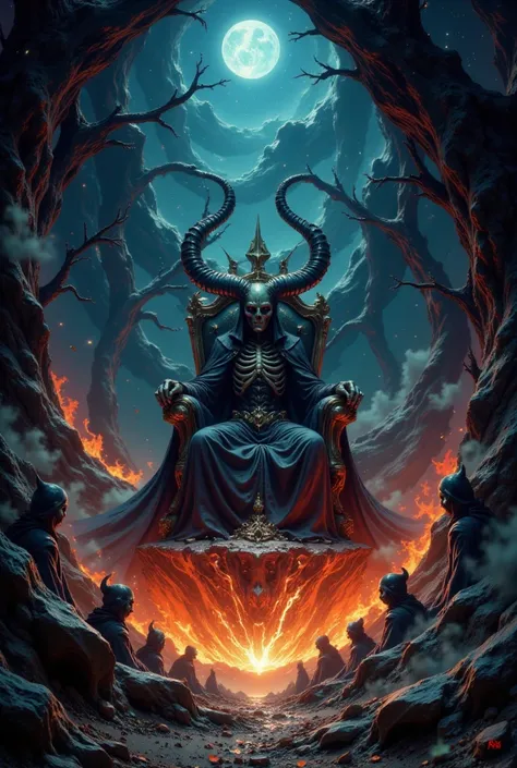 {{A ((surreally mesmerizing)) depiction of {the Underworld’s demonic king, an ancient entity with monstrous horns and a skeletal visage, sitting atop a throne floating in a cosmic abyss}} with {chains of fire extending into the void, swirling galaxies form...