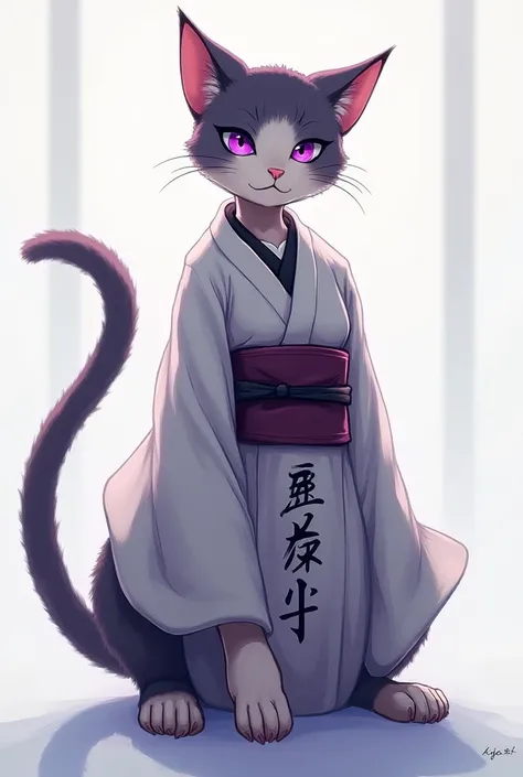 Make me an anime picture of half a cat and half a human being. He is , has purple eyes and a Japanese dress that says death in Japanese