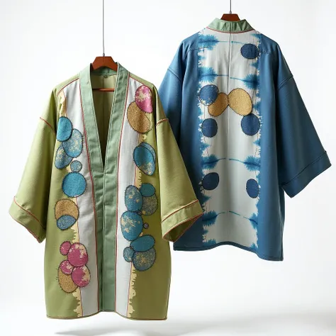 image of craftsmanship product design, contemporary Tie-dye Yukata jacket,  made from cotton, naturally soft pastel green, yellow, blue and pink. The jacket showcase in patchwork textile, with hand stich embroidery patterns, patch-work, hand-stitched line,...