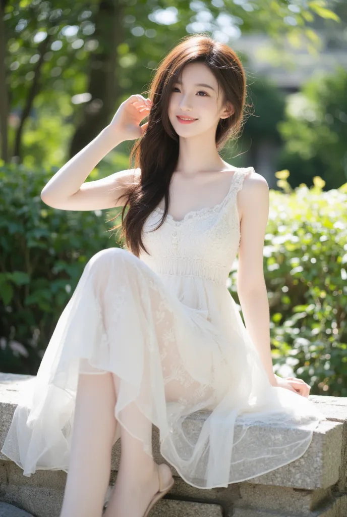 The most beautiful girl in the world　 Japanese　Age 25　 cute dress　whole body　garden　 the wind is blowing　smile　 real 　photo　whole body　 sandals on the skin　's greatest masterpiece