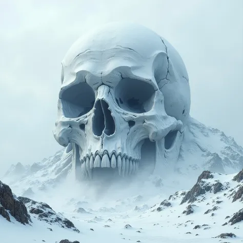 A snowy mountain in the shape of a rock skull