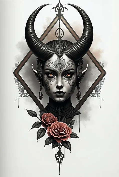 A blackwork tattoo design with Hania mask not so dark with some rose
With shorter horns and horns in the mouth