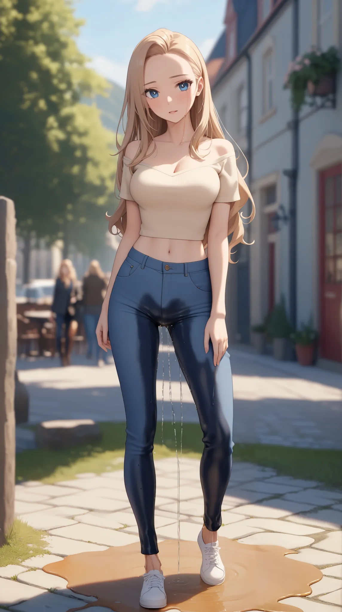 A youthful scandinavian female with dazzling eyes and lovely long hair and forehead with perfect body:1.1 and medium breast is (wetting herself:1.5) in desperation. (Large pee stain:1.0). She is wearing blue denim pants with casual outfit and footwear. Loo...