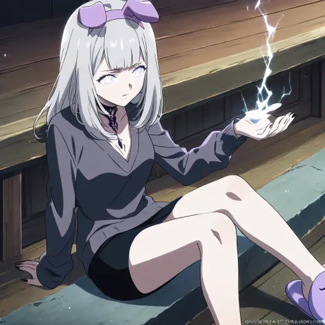 Alone, anime fanart, girl, gray hair, white skin, dark gray sweater, black skirt, dogs slippers, purple bunny ears, white lightning eyes, dark long hand sleeves, dark neckle, comma hair.