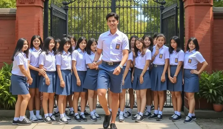 realistic image of a handsome Indonesian high school man walking into the school gate, around are seen many students wearing Indonesian high school uniforms.