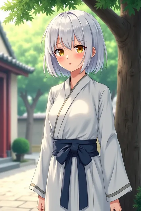 "4K anime style quality, digital drawing mode, a petite and stoic girl with short white hair, golden eyes, and a calm expression, wearing her white robe outfit, standing near a tree branch in the courtyard, full body, composed pose exuding mystery, soft af...