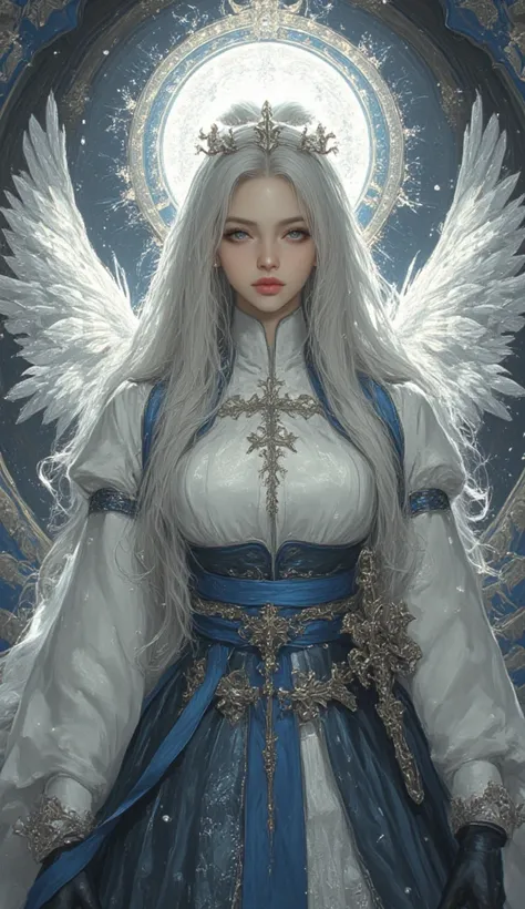 Beautiful girl, angel, halo wings, silver hair, sexy, mysterious full body, beautiful smile, Hanbok, Japan, silver eyes