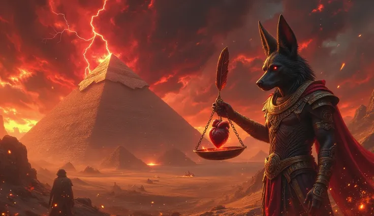  Close-up Anubis god of the Egyptian underworld red eyes and a large scale weighing a heart. The background shows desert and pyramids and a crimson sky illuminated by lightning.. sparks and fire . 