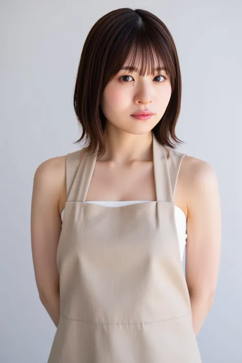  A high resolution photograph of a Japanese adult woman, photo realistic, masterpiece, amazing quality, intricate details , professional lighting, simple background,(from front),upper body, medium shot, looking at viewer , smile, closed mouth, standing, ar...