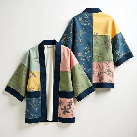 image of craftsmanship product design, contemporary Tie-dye Yukata jacket,  made from cotton, naturally soft pastel green, yellow, blue and pink. The jacket showcase in patchwork textile, with hand stich and e-co print botanical patterns, patch-work, hand-...