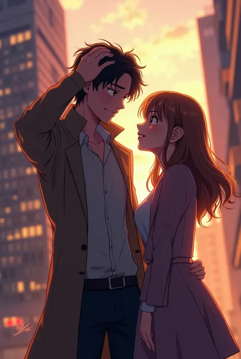 A detective holding hands up to his head with a girl who looks smitten in him, make it anime-like