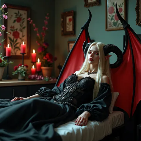 pale white skin young vampire woman aged 18, with very very long blonde royal hair, red demon eyes, a long demon tail, long ears, sheep horns, wearing black vampire steel heavy armour, lying down on the bed in a hospital room with flowers herbs, and red ca...