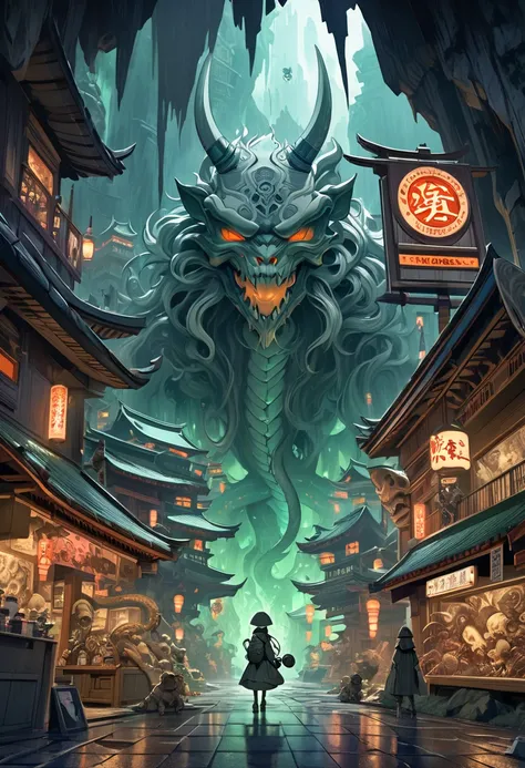 An expansive underground world in a retro-futuristic style reminiscent of "Made in Abyss, " combined with the eerie and haunting elements of traditional Japanese hell paintings, Gigantic caverns filled with retro designs and futuristic elements from the 19...