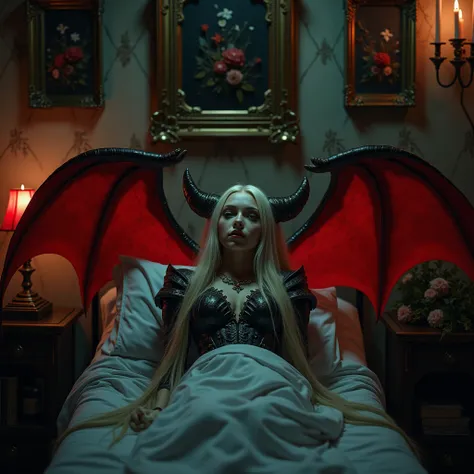 pale white skin young vampire woman aged 18, with very very long blonde royal hair, red demon eyes, a long demon tail, long ears, sheep horns, wearing black vampire steel heavy armour, lying down on the bed in a hospital room with flowers herbs, and red ca...