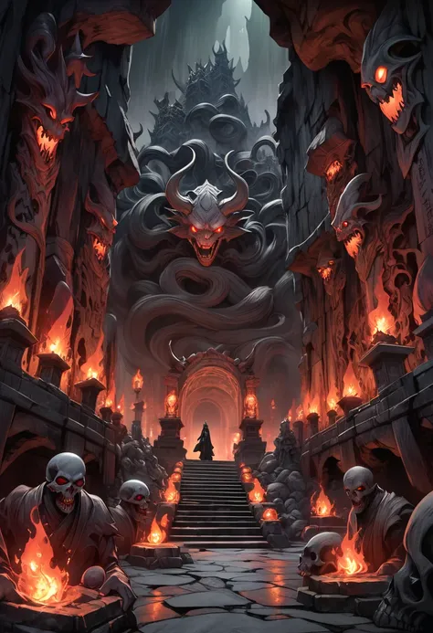 An expansive underground world in a gothic horror style reminiscent of "Made in Abyss, " combined with the eerie and haunting elements of traditional Japanese hell paintings, Gigantic caverns filled with towering gothic structures and eerie sculptures alon...