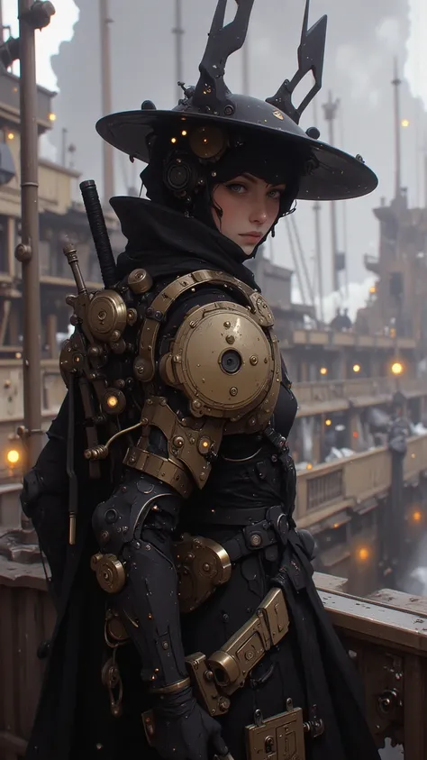 On the bustling deck of a massive flying mechanical ship, a female ninja stands silently, her black Japanese straw hat tilted to obscure her sharp gaze. Her right arm is an elegant steampunk mechanical design, featuring brass pipes, exposed gears, and soft...