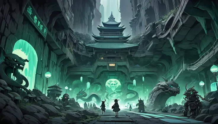 An expansive underground world in a retro-futuristic style reminiscent of "Made in Abyss, " combined with the eerie and haunting elements of traditional Japanese hell paintings, Gigantic caverns filled with retro designs and futuristic elements from the 19...