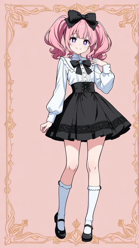 Symmetricalのイラスト　 facing the front　My chest is flat　Long, wavy hair, pale pink hair and light blue　long fluffy twin tails　 cute anime girls　white long sleeve blouse with lace detail and burgundy bow tie、Fluffy burgundy skirt with golden details on the hem、...