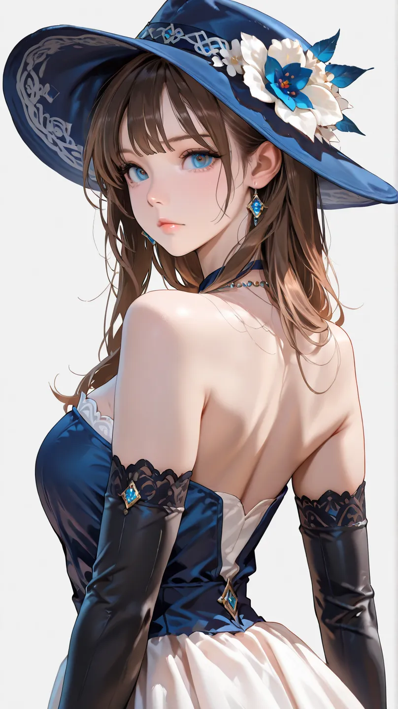 1girl, solo, long hair, looking at viewer, bangs, blue eyes, brown hair, gloves, hat, dress, jewelry, closed mouth, black gloves, elbow gloves, necklace, white dress, lips, blue dress, strapless dress, blue headwear, hat flower, simple background,masterpie...