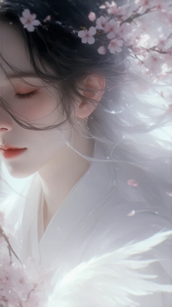 beautiful aura　Kasugawa　Mysterious　cherry blossoms　 Light blue　Night sea　Glowing Hair Ornaments 　 Angel Wings
Full body　 memorable woman with an oblique profile is beautiful　I'm closing my eyes lovingly　forever　 beautiful white skin 　White light　 long hair...