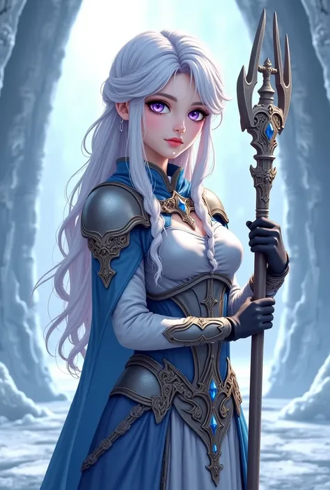 "4K anime style quality, digital drawing mode, a beautiful girl with long silver hair tied into a braid, violet eyes, and a composed demeanor, wearing a silver and blue Valkyrie outfit with ornate designs, standing in an icy Nordic temple, full body, grace...